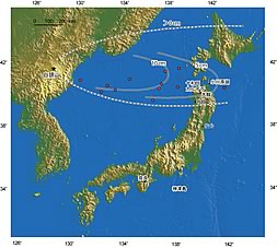 白頭山火山灰(B-Tm)層の等層厚線図